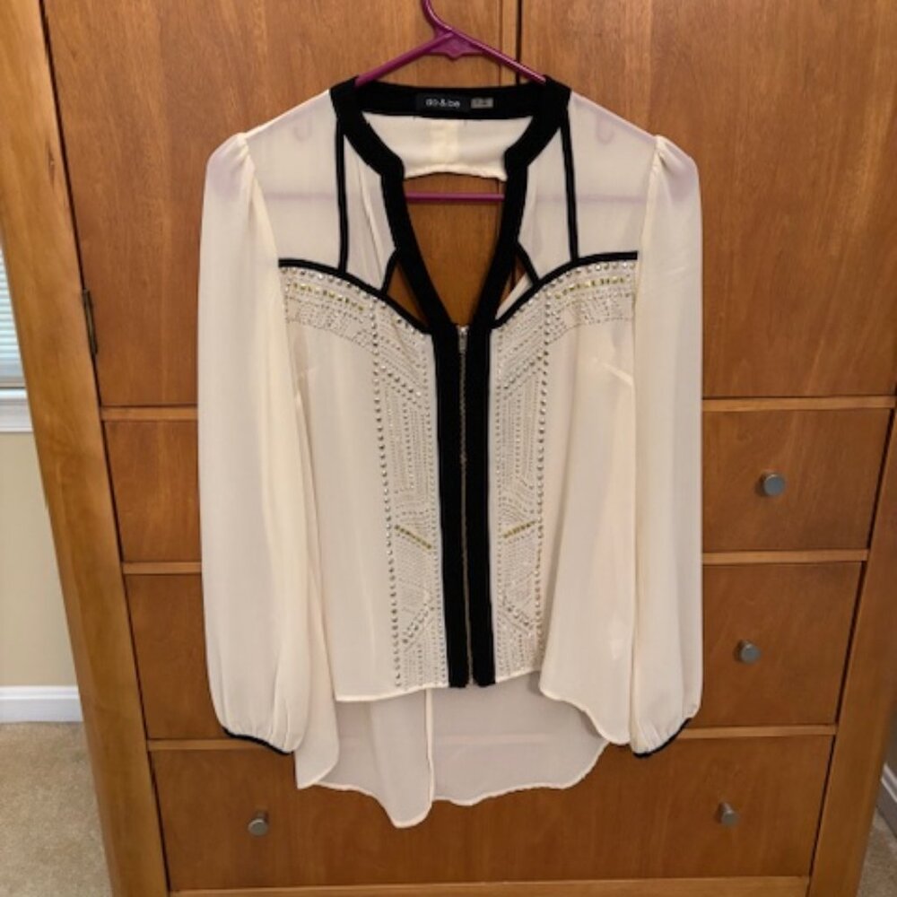 Do & Be Cream & Black Zip Up Sheer Blouse